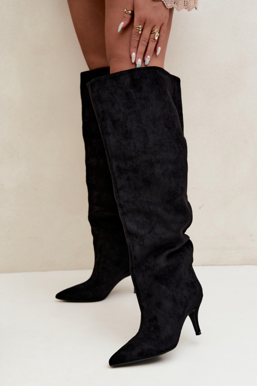 Stivali alti da donna slip-on con tacchi sottili color nero Corly