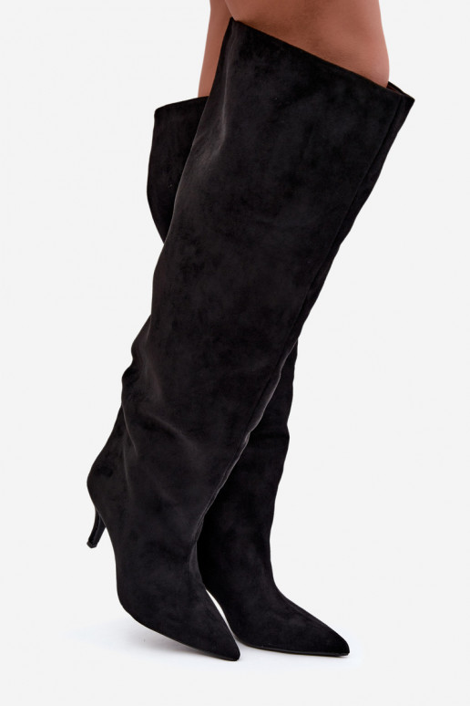 Stivali alti da donna slip-on con tacchi sottili color nero Corly