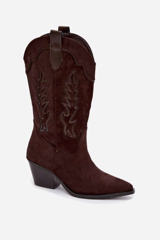 Stivali color cioccolato in suede sintetico stile cowboy con tacchi Jarissa