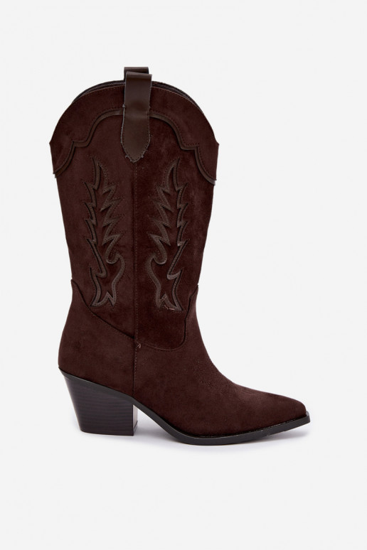 Stivali color cioccolato in suede sintetico stile cowboy con tacchi Jarissa