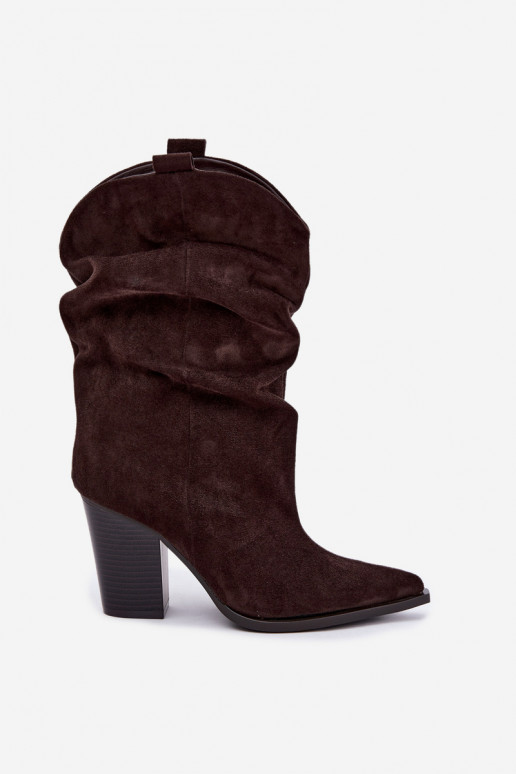 Stivaletti color cioccolato in suede con rouches sul tacco Inela