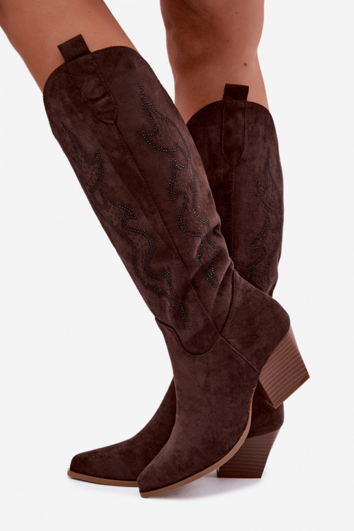 stivali cowboy lunghi con decorazione sul gambale in colore cioccolato Greyla