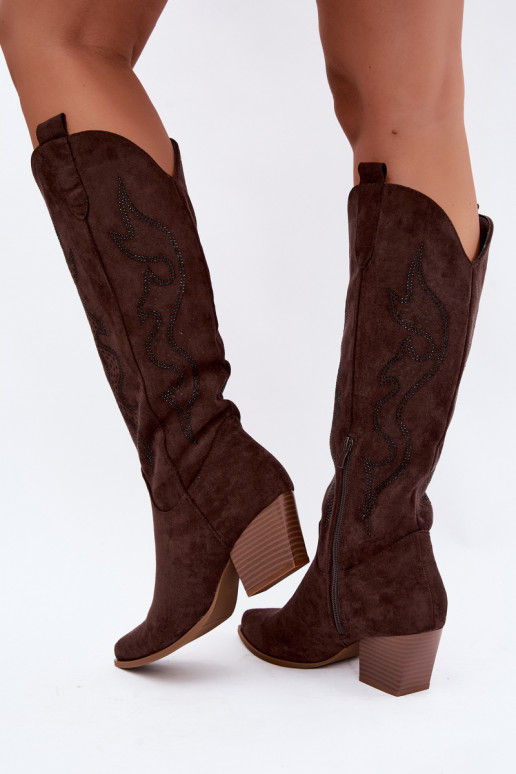 stivali cowboy lunghi con decorazione sul gambale in colore cioccolato Greyla