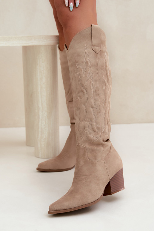 stivali alti da donna in stile cowboy con tacco in color sabbia Glenor