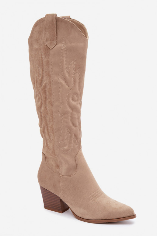 stivali alti da donna in stile cowboy con tacco in color sabbia Glenor