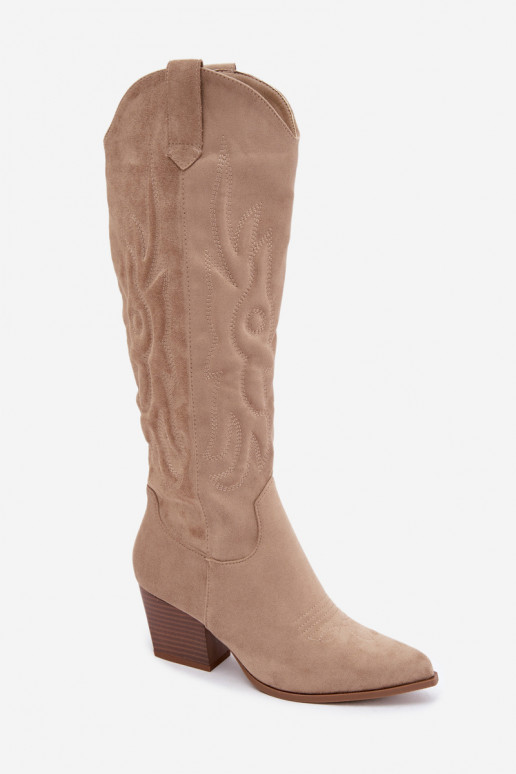 stivali alti da donna in stile cowboy con tacco in color sabbia Glenor