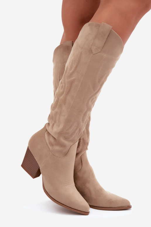 stivali alti da donna in stile cowboy con tacco in color sabbia Glenor
