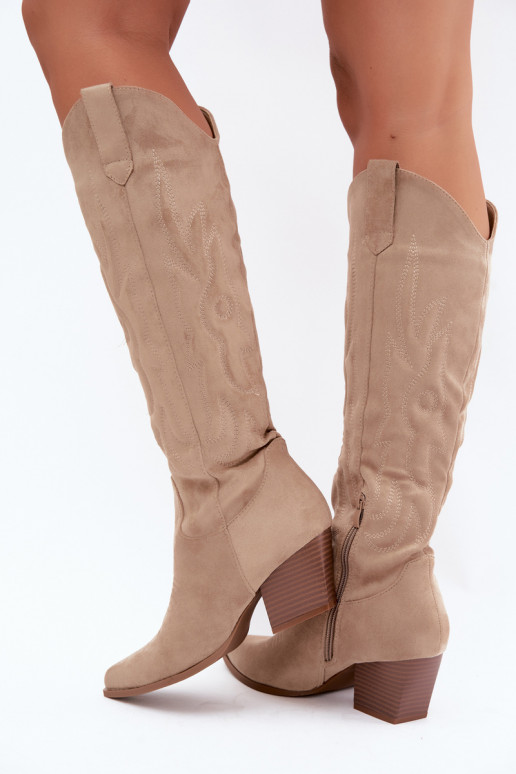 stivali alti da donna in stile cowboy con tacco in color sabbia Glenor