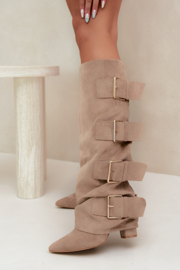 stivali alti da donna con gambale cucito in oro con fibbie in ecopelle color khaki Isa