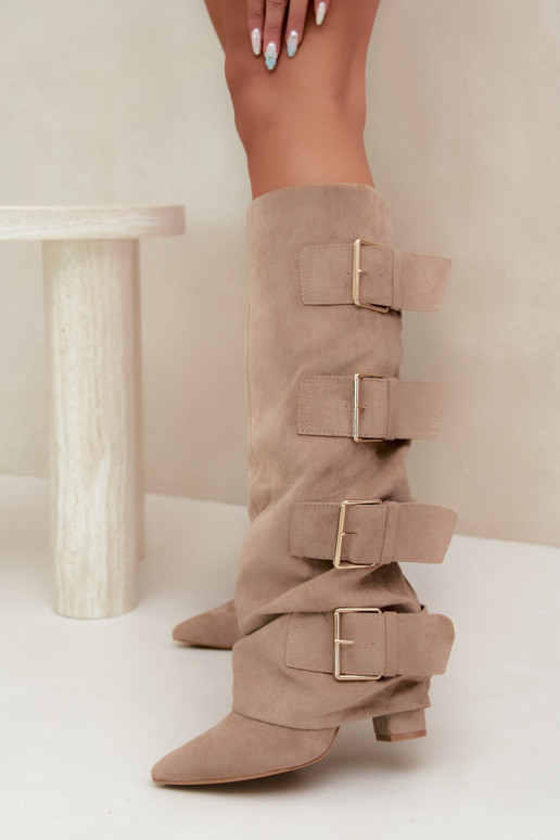 stivali alti da donna con gambale cucito in oro con fibbie in ecopelle color khaki Isa