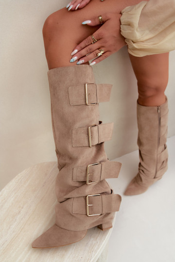 stivali alti da donna con gambale cucito in oro con fibbie in ecopelle color khaki Isa 2
