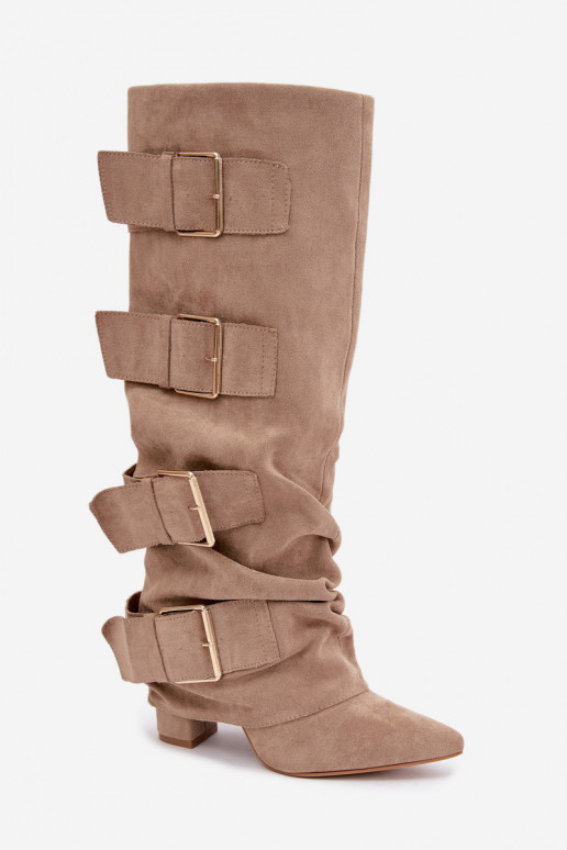 stivali alti da donna con gambale cucito in oro con fibbie in ecopelle color khaki Isa