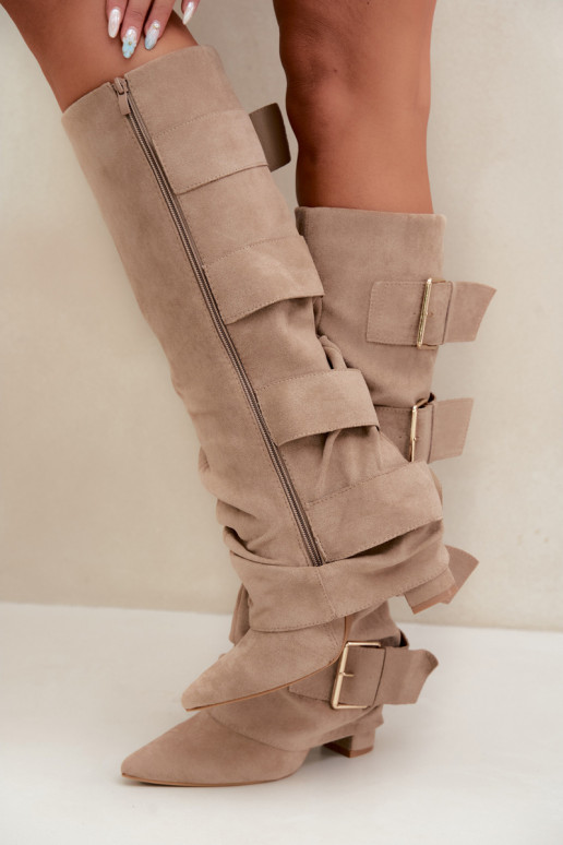 stivali alti da donna con gambale cucito in oro con fibbie in ecopelle color khaki Isa
