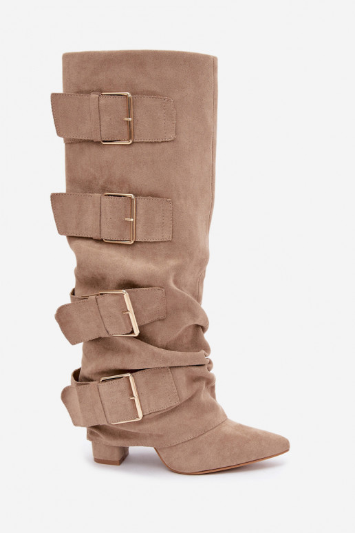 stivali alti da donna con gambale cucito in oro con fibbie in ecopelle color khaki Isa
