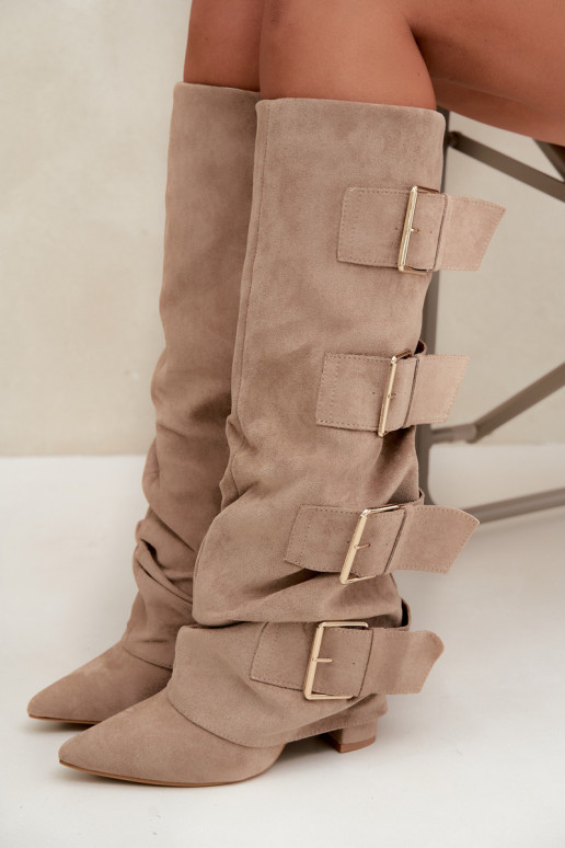 stivali alti da donna con gambale cucito in oro con fibbie in ecopelle color khaki Isa