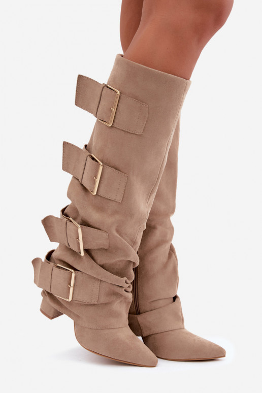 stivali alti da donna con gambale cucito in oro con fibbie in ecopelle color khaki Isa