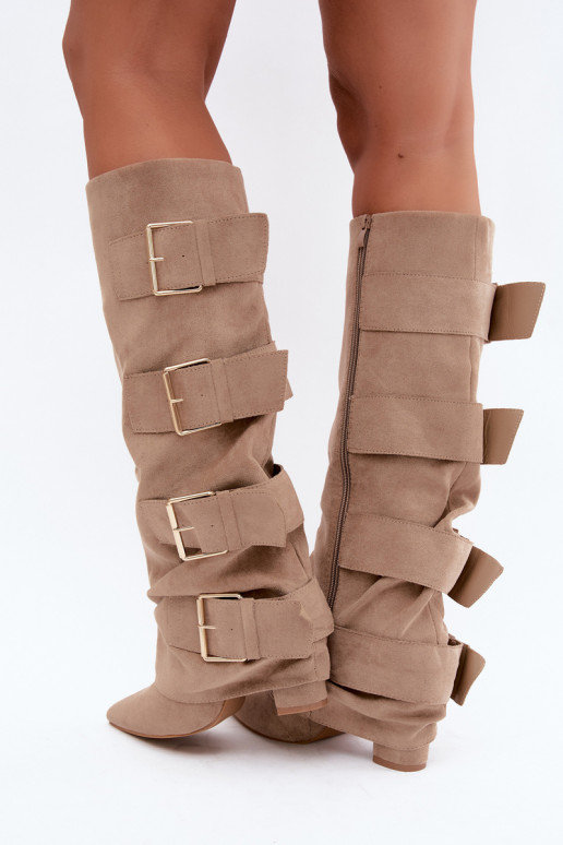 stivali alti da donna con gambale cucito in oro con fibbie in ecopelle color khaki Isa