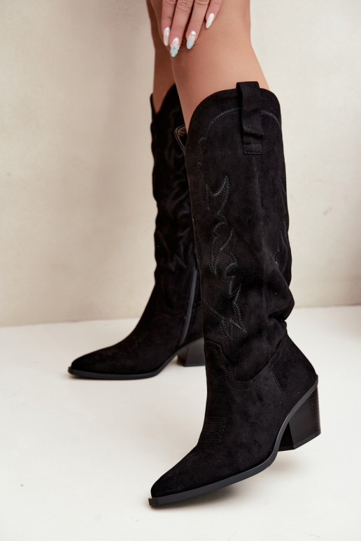 stivali alti da donna in stile cowboy con tacco in ecopelle nera Merise