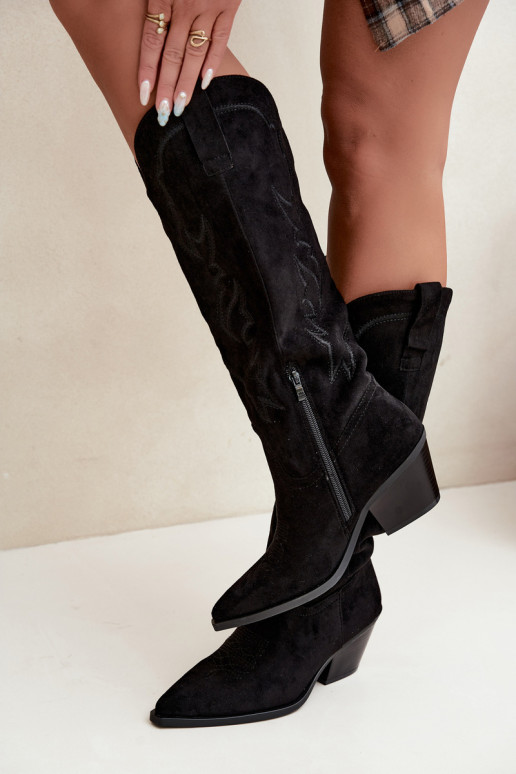 stivali alti da donna in stile cowboy con tacco in ecopelle nera Merise
