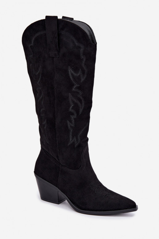 stivali alti da donna in stile cowboy con tacco in ecopelle nera Merise