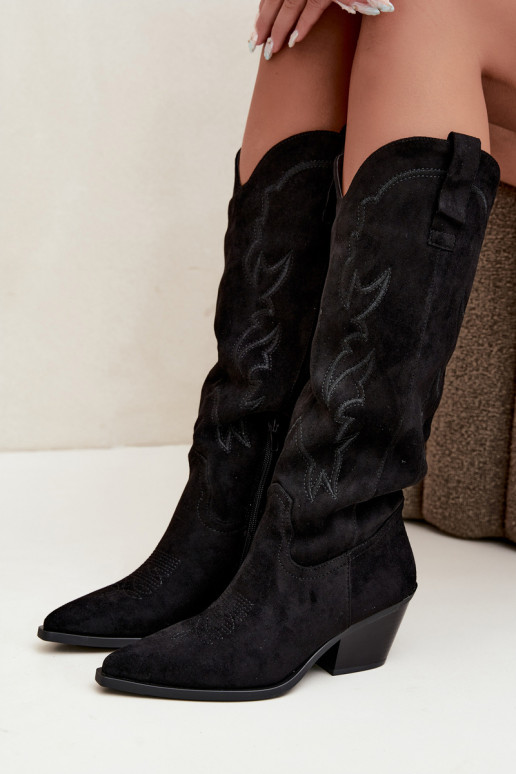 stivali alti da donna in stile cowboy con tacco in ecopelle nera Merise
