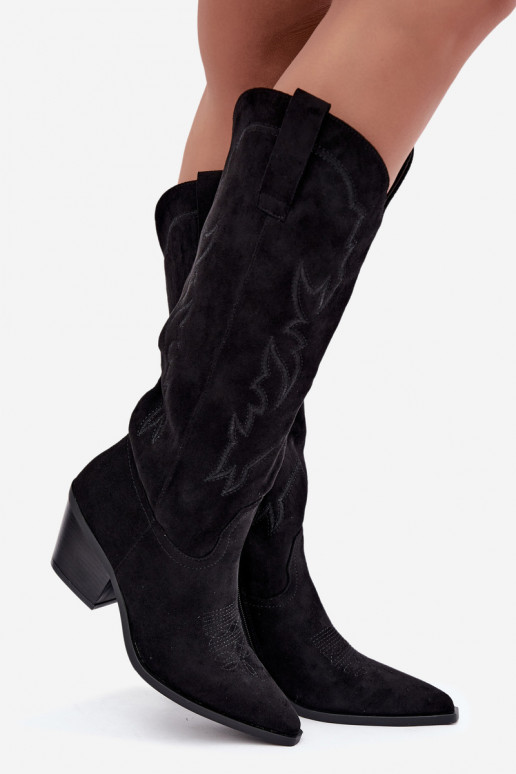 stivali alti da donna in stile cowboy con tacco in ecopelle nera Merise
