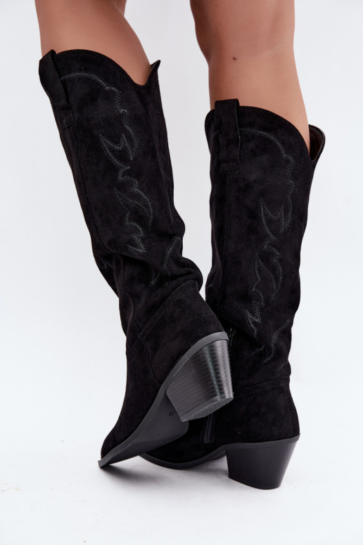 stivali alti da donna in stile cowboy con tacco in ecopelle nera Merise