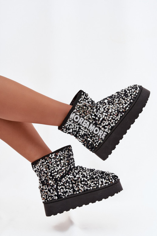 stivali da neve da donna con piattaforma, decorati con paillettes in nero e argento