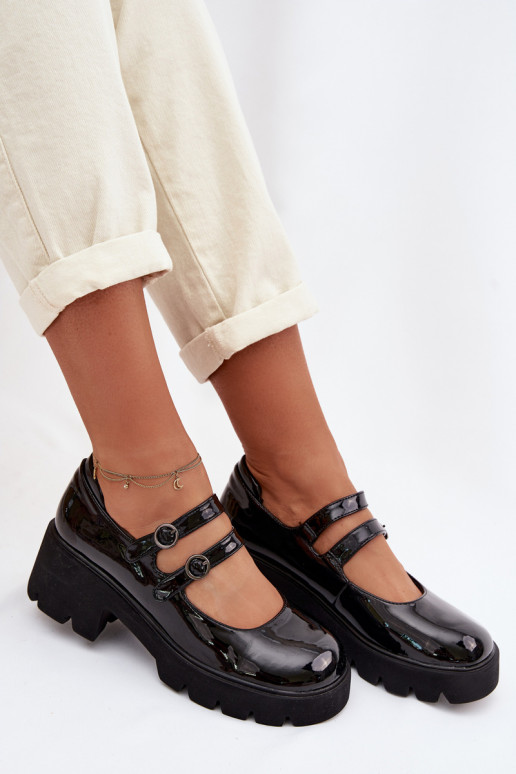 Scarpe nere da donna con effetto lucido, tacchi e cinturini Kamira