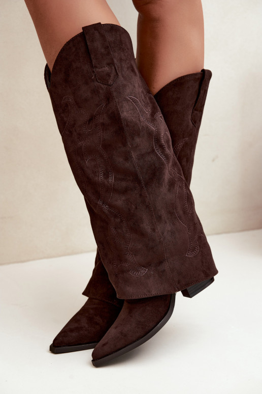 Stivali lunghi in stile cowboy con tacco e gambale cucito in colore cioccolato Irella