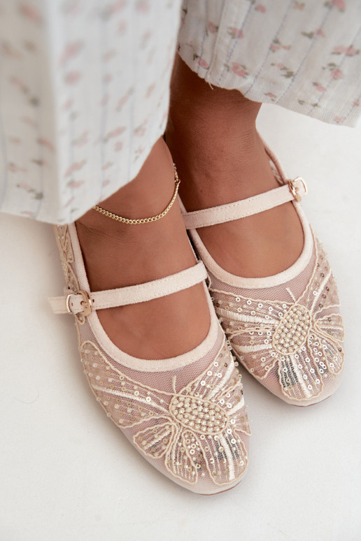Ballerine in rete con fiori ricamati e paillettes color sabbia Caletta