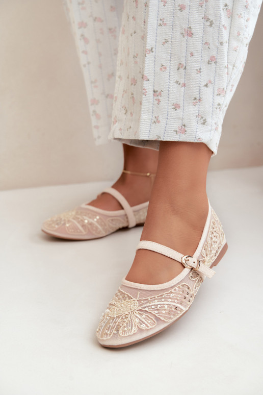 Ballerine in rete con fiori ricamati e paillettes color sabbia Caletta