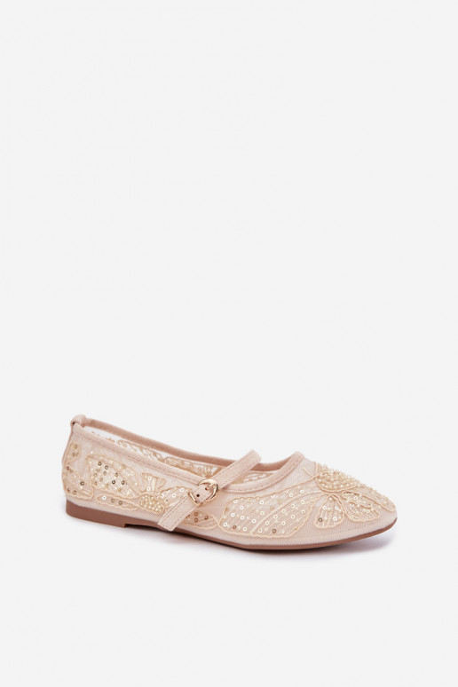 Ballerine in rete con fiori ricamati e paillettes color sabbia Caletta