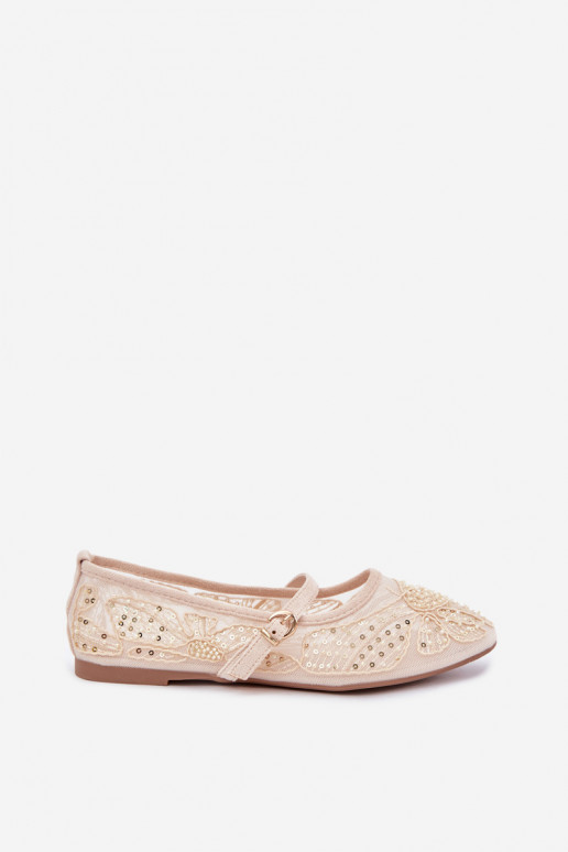 Ballerine in rete con fiori ricamati e paillettes color sabbia Caletta