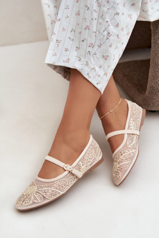 Ballerine in rete con fiori ricamati e paillettes color sabbia Caletta