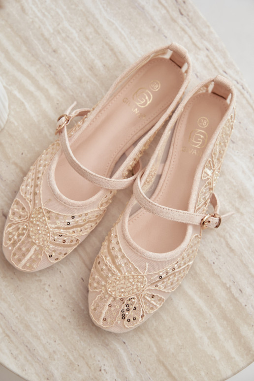 Ballerine in rete con fiori ricamati e paillettes color sabbia Caletta