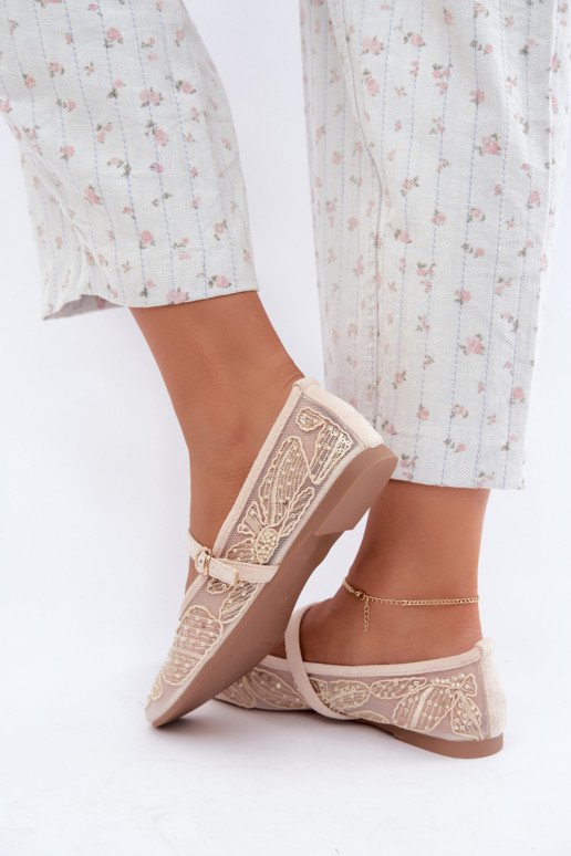 Ballerine in rete con fiori ricamati e paillettes color sabbia Caletta