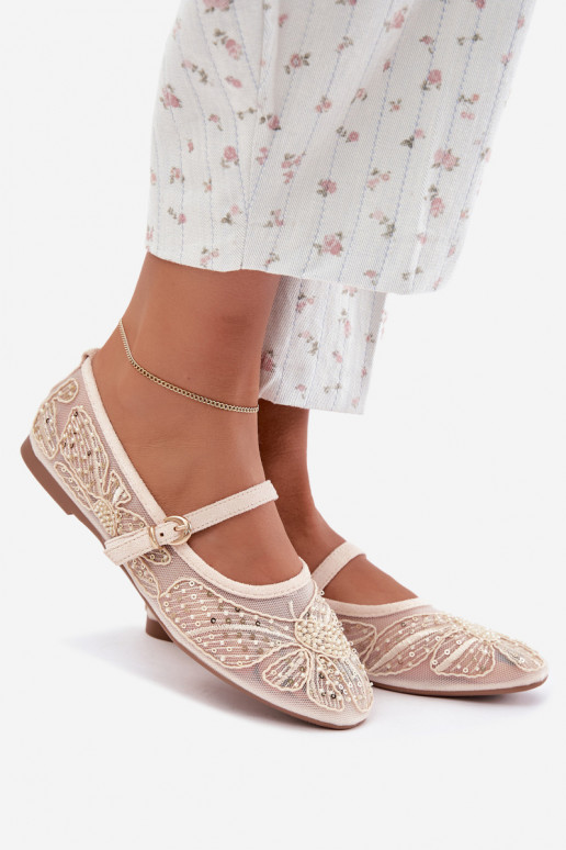 Ballerine in rete con fiori ricamati e paillettes color sabbia Caletta