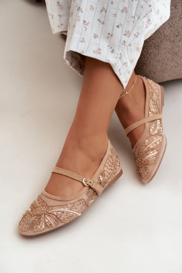 Ballerine in rete con fiori ricamati e paillettes color sabbia Caletta