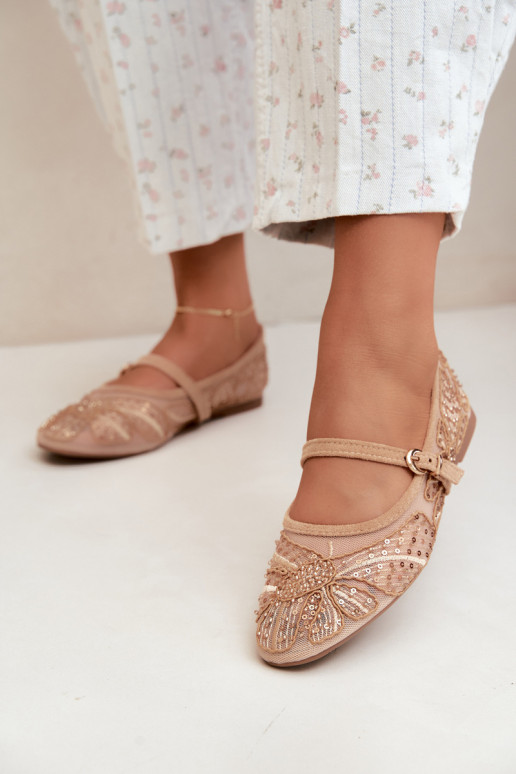 Ballerine in rete con fiori ricamati e paillettes color sabbia Caletta