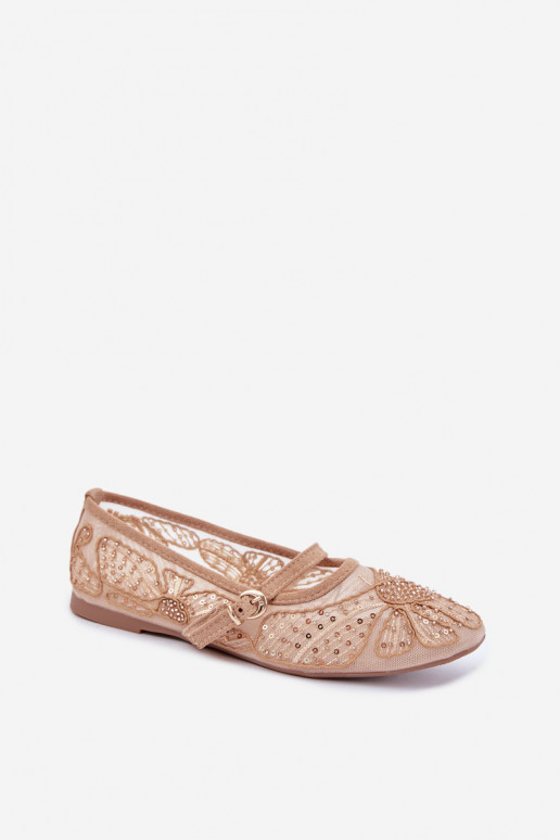 Ballerine in rete con fiori ricamati e paillettes color sabbia Caletta