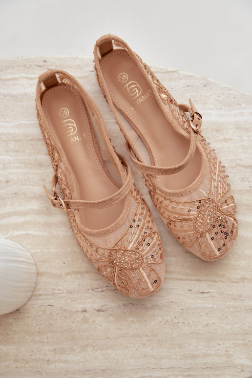 Ballerine in rete con fiori ricamati e paillettes color sabbia Caletta