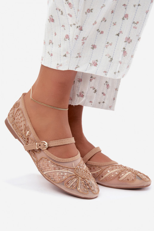 Ballerine in rete con fiori ricamati e paillettes color sabbia Caletta
