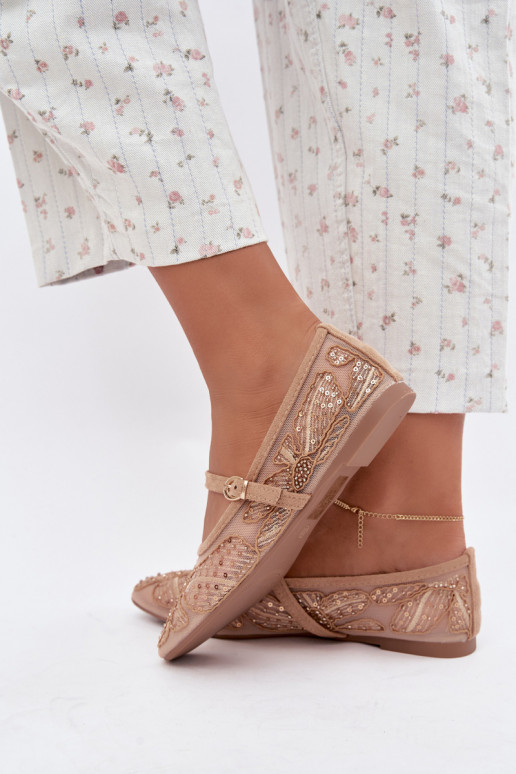 Ballerine in rete con fiori ricamati e paillettes color sabbia Caletta