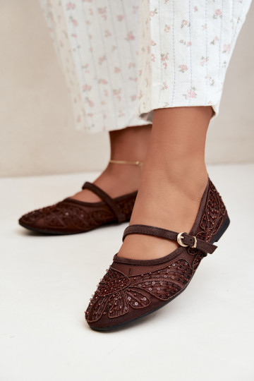 Ballerine in rete con fiori ricamati e paillettes color cioccolato Caletta 2