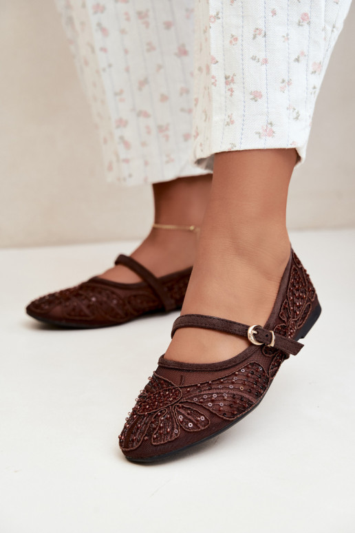 Ballerine in rete con fiori ricamati e paillettes color cioccolato Caletta