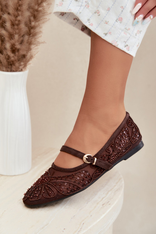 Ballerine in rete con fiori ricamati e paillettes color cioccolato Caletta