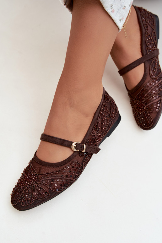 Ballerine in rete con fiori ricamati e paillettes color cioccolato Caletta