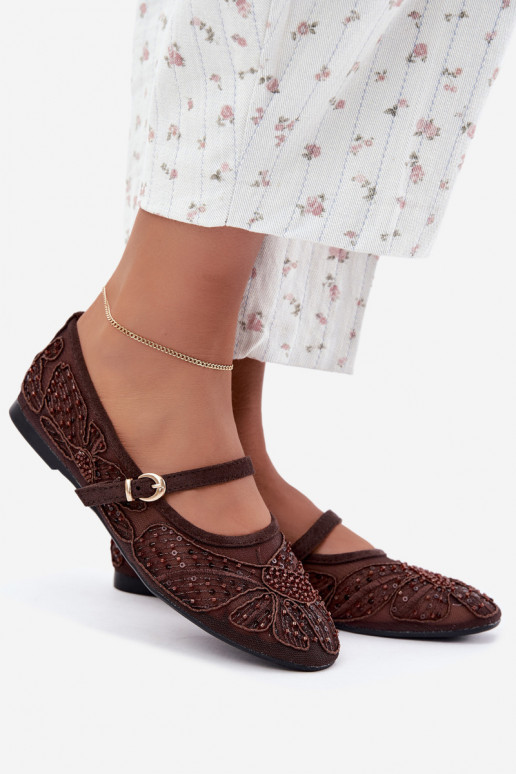 Ballerine in rete con fiori ricamati e paillettes color cioccolato Caletta