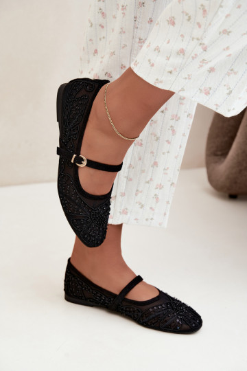 Ballerine in rete con fiori ricamati e paillettes color nero Caletta